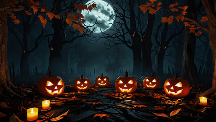Spooky Halloween night with glowing jack-o-lanterns pumpkins in the forest
