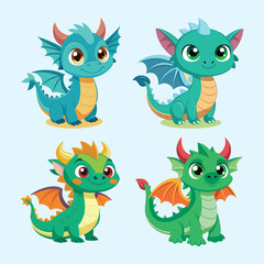 Cute Dragon with Wings Cartoon Character Design Set Vector Illustration