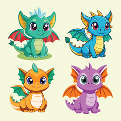 Cute Dragon with Wings Cartoon Character Design Set Vector Illustration