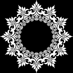 Black and white Round ornament damask.round damask frame design.Ethnic plant circle, border. Frame flower and leaves ring