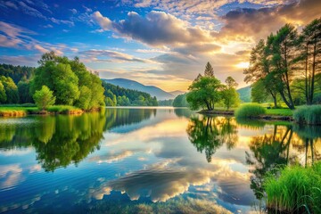 Obraz premium Tranquil City Escape: Serene, peaceful landscapes; tranquil waters; soft, calming tones; nature's sanctuary.