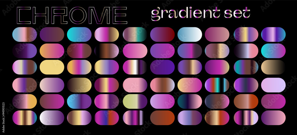 Poster chrome gradients of holographic colors for vector art and design. retrowave style palette.
