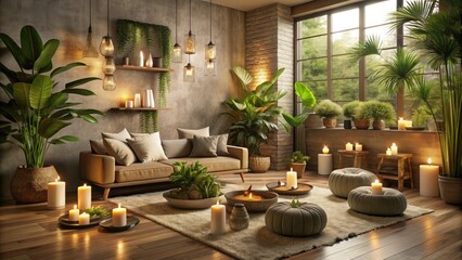 Fototapeta premium Tranquil Sanctuary: Earth tones, soft lighting, natural materials, calming textures, serene