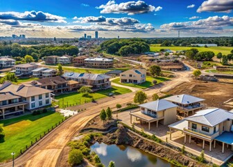 Tranquil Transformation: Tranquil suburban undergrowth transformed by construction, creating surreal juxtapositions