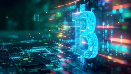 Fototapeta premium Blauleuchtendes Bitcoin-Symbol im Cyberspace
