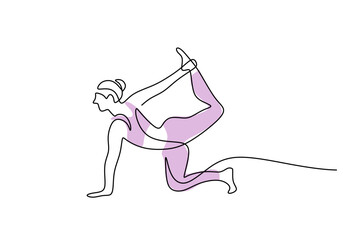 One line drawing of a yoga pose, fitness and relaxation illustration.