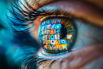 Woman's eye reflecting grid of social media feeds and pictures . Concept of online content consumption and technology influence