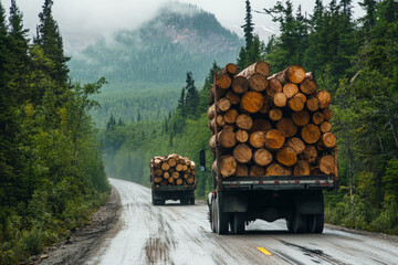 Logging truck is transporting large load of freshly cut timber logs through muddy road in forest
