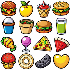 Set of 16 Realistic Food Icons on White Background, Equally Spaced