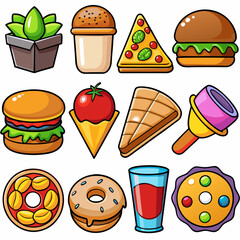 Set of 16 Realistic Food Icons on White Background, Equally Spaced