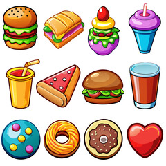 Set of 16 Realistic Food Icons on White Background, Equally Spaced