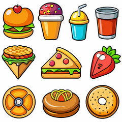 Set of 16 Realistic Food Icons on White Background, Equally Spaced