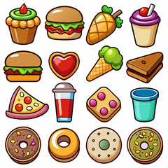 Set of 16 Realistic Food Icons on White Background, Equally Spaced