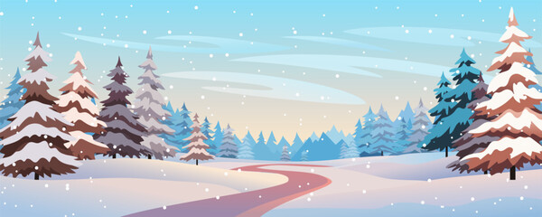 Winter road in a beautiful forest. Snowy landscape of a winter forest with snow-covered trees, pines, fir trees and a road. Vector illustration of Christmas landscape. © LoveSan