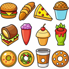 Set of 16 Realistic Food Icons on White Background, Equally Spaced