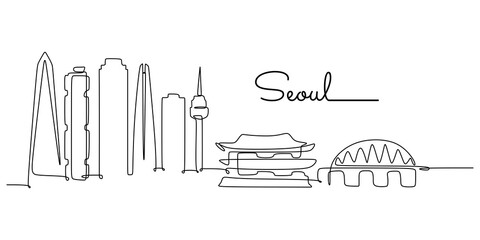 One continuous line drawing of Seoul city skyline, South Korea. Beautiful landmark home decor poster