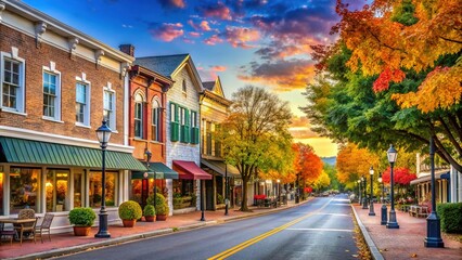Obraz premium Historic downtown Franklin, Tennessee, USA, scenic morning scene featuring charming Main Street, boutique shops, and colonial-style buildings surrounded by lush greenery and vibrant autumn foliage.