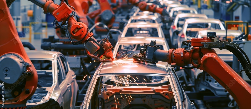 Poster robotic arms are used in car factories to assemble vehicle bodies on production lines, showcasing ad