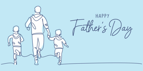 Continuous line drawing of father and son running, simple vector on white.