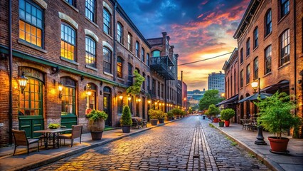 Fototapeta premium Historic industrial area with old brick buildings, cobblestone streets, and trendy bars, capturing the vibrant essence of a revitalized urban neighborhood at dusk.