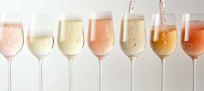 Wine glasses for wine tasting with red, white, champagne and rose wines being poured into glasses against white background for wine tasting, winery, vineyard concept, banner and copyspace