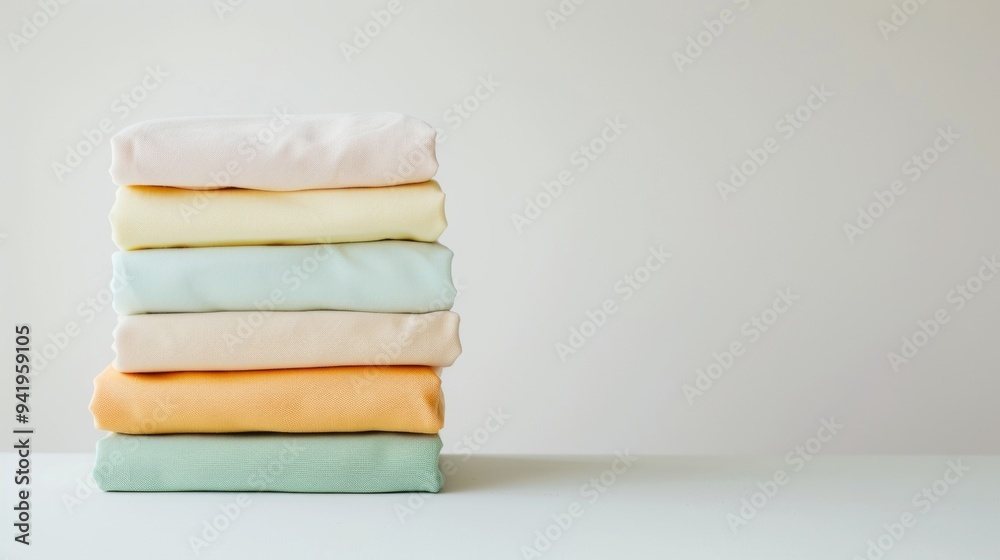 Poster minimalist stack of pastel-colored books against plain white background with ample copy space