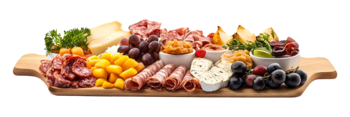 Charcuterie board with assorted cheese, meat, and grapes isolated on transparent or white background