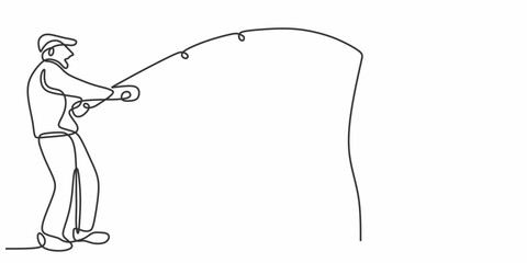 Man fishing on a calm day, continuous line drawing, vector on white.