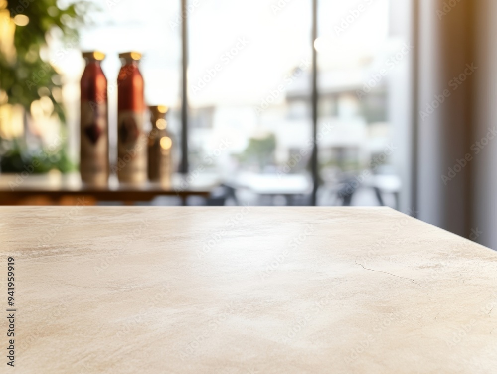 Poster Sleek Beige Marble Table in Modern Office with Bokeh Background of Soft Office Lighting for Product Display Montage
