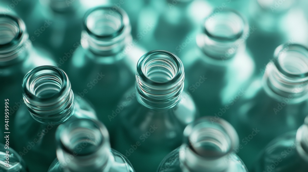Poster Aerial View of Green Perfume Bottles in Symmetrical Pattern with Intricate Background, Bright and Diffuse Lighting, Focused on Textured Designs