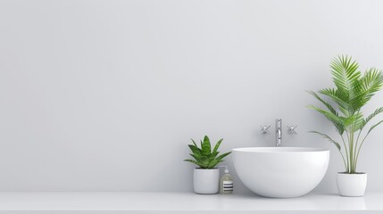 Fototapeta premium A white bathroom with a large bathtub and a potted plant