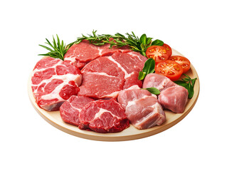 Fototapeta premium Meat platter with assorted cuts of beef and pork isolated on transparent or white background