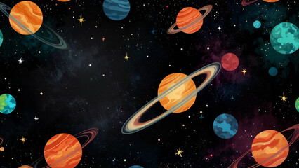 Fototapeta premium Colorful planets on dark black starry night sky illustration background.