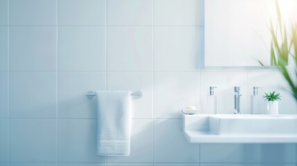 Fototapeta premium A white bathroom with a large bathtub and a potted plant
