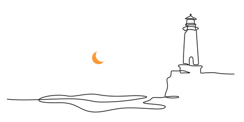 Continuous one line drawing of lighthouse tower with moon. castle hill tower, sea scape line art.