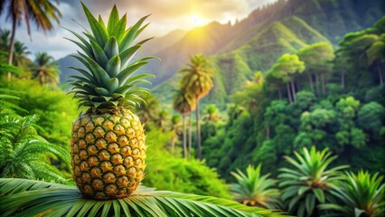 Tropical Paradise in Focus: Close-up pineapple, lush greenery background, serene mood, tranquil concept.