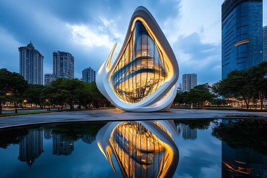 Landmark buildings with innovative architectural features captured in a photo that showcases cutting-edge design