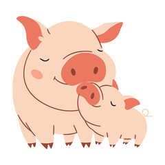 Flat vector illustration. Cute pig with piglet, white background. Motherly love . Vector illustration