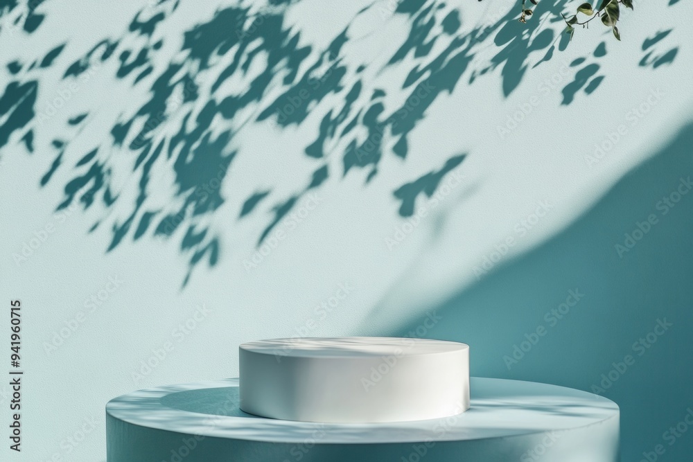 Poster minimalist blue mockup round glass podium with diffused lighting and soft shadows in modern design