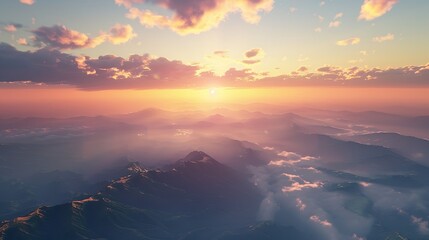 Stunning panorama of towering mountains with calm lakes under the warm light of the rising sun in the morning