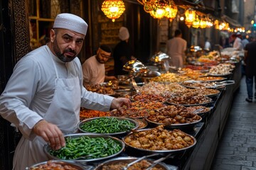 A bustling market vendor showcases vibrant dishes at sunset in historic Cairo