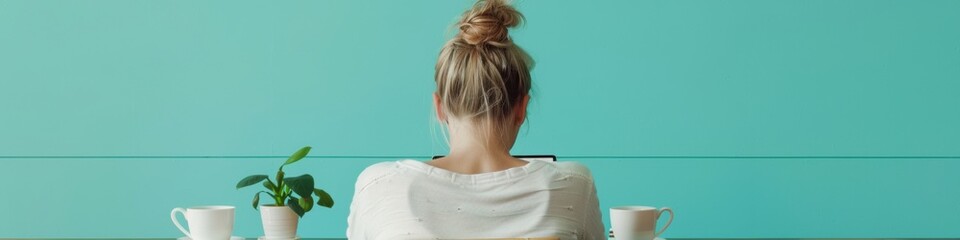 Fototapeta premium Mid-Aged Female Professional Working on Tablet with Digital Ad Icons on a Turquoise Background in a Bright Minimalist Office Setting