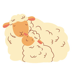 Flat vector illustration. Cute sheep with lamb, white background. Motherly love . Vector illustration
