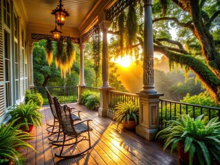 Idyllic sunrise on a charming South Carolina porch adorned with rocking chairs, hanging ferns, and ornate ironwork, surrounded by majestic oak trees and lush greenery.