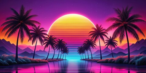 Fototapeta premium Tropical_Synthewave_Nostalgia: Upbeat rhythms, nostalgic melodies, vibrant pinks and purples, summery vibes.