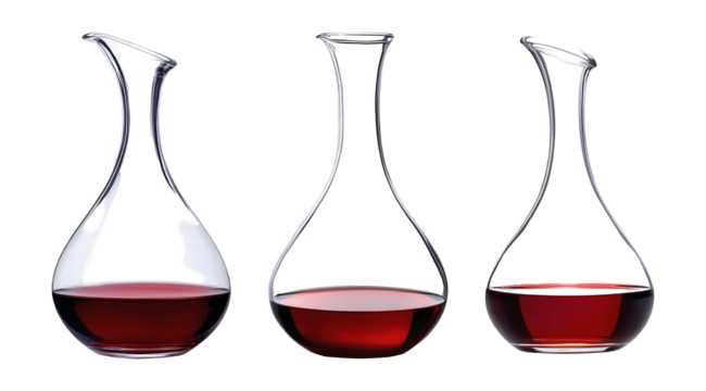 Collection set of wine decanters with red wine isolated on transparent or white background