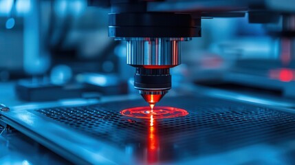 Close-up of a laser cutting machine in action, showcasing precision technology and vibrant red laser beam on a metal surface