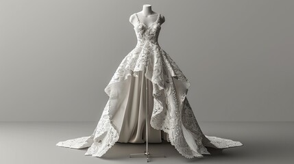 White bridal gown with intricate lace detailing and a high-low hemline on a mannequin against a gray background.