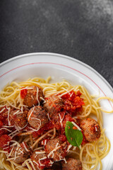 meatballs spaghetti tomato sauce gourmet meat fresh meal food snack on the table copy space foodbackground rustic top view
