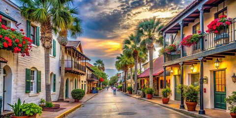 Fototapeta premium Historic Spanish-style architecture and quaint shops line the charming streets of downtown St. Augustine, Florida, surrounded by lush greenery and vibrant flowers.